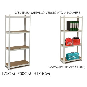 Ραφιέρα Μεταλλική Λευκή 4 Ράφια MDF H173xL75xP30cm