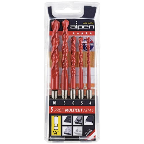 ALPEN Set 5 Τεμ. Τρυπάνια MULTICUT Νο 4-5-6-8-10mm Γενικής Χρήσης Εξάγωνο Καρέ