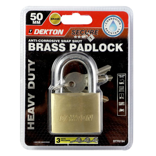 DEKTON 50mm Brass Heavy Duty Padlock, Body & Barrel